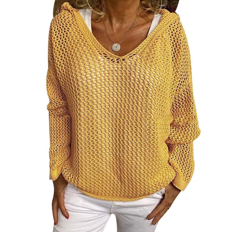 Pull tricoté surdimensionné à tissage ouvert pour femmes, col en V profond, épaules tombantes, manches longues, léger, maille creuse