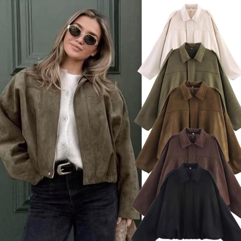 Women's Designer Faux Suede Zip-Up Baseball Jacket, Loose Fit Long Sleeve Solid Color Street Style Casual Autumn Outerwear