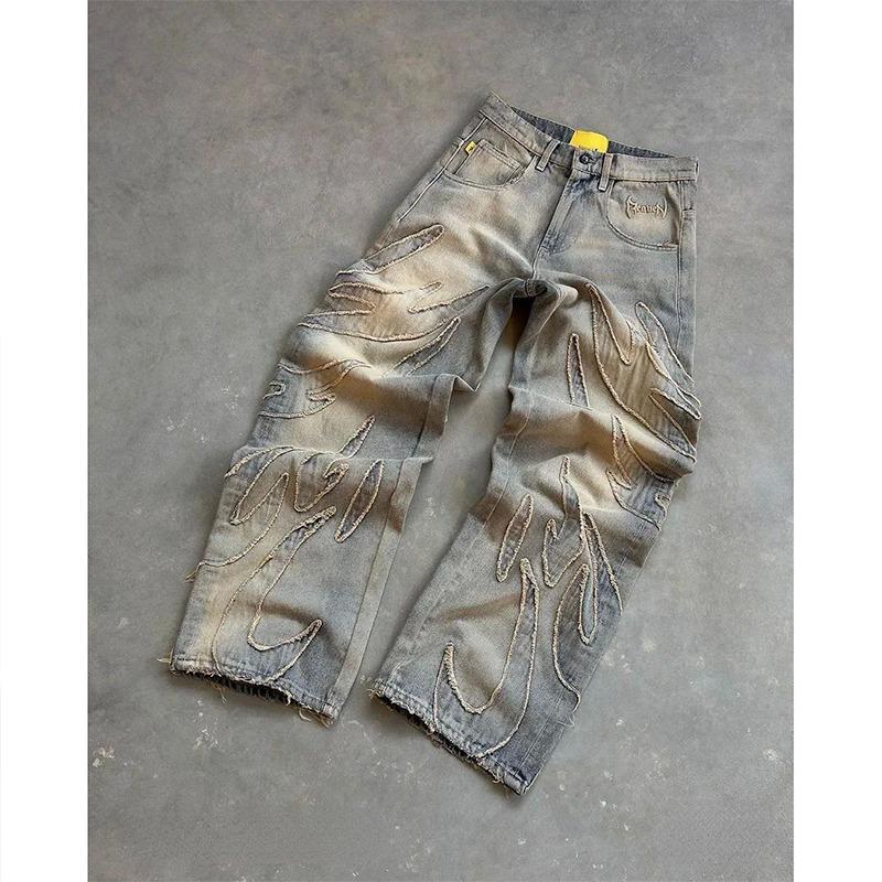 Designer High Quality Men's Baggy Straight Leg Jeans Distressed Vintage Wash Ripped Denim Pants Casual Summer Mid Waist Slight Stretch Zippe