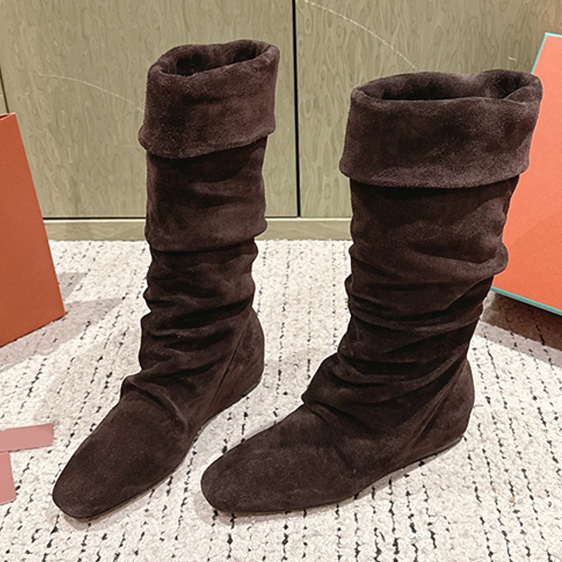 Ladies Luxury Soft Suede Stacking Knee High Boots Classic Fold Boot Mouth esign Invisible Wedge Heel Autumn Winter Leisure Outfit