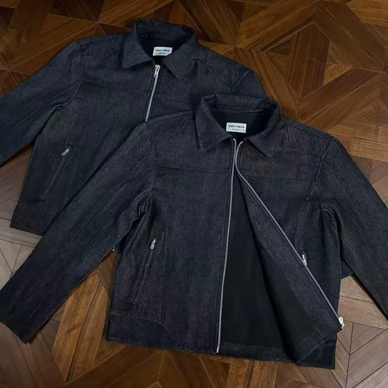 Designer High Quality Oversized Black Raw Denim Jacket Multi-Panel Spliced Zip Front Long Sleeve Loose Fit Casual Streetwear Fall Outerwear