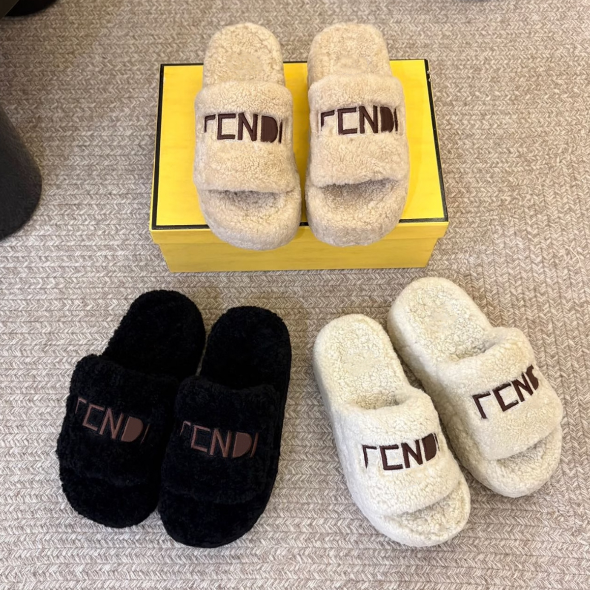 Women Fluffy Platform Furry Slides Embroidered Logo Teddy Fur Slippers Thick Sole Open Toe Cozy Warm Home Outdoor Fashion Winter Plush Slippers For