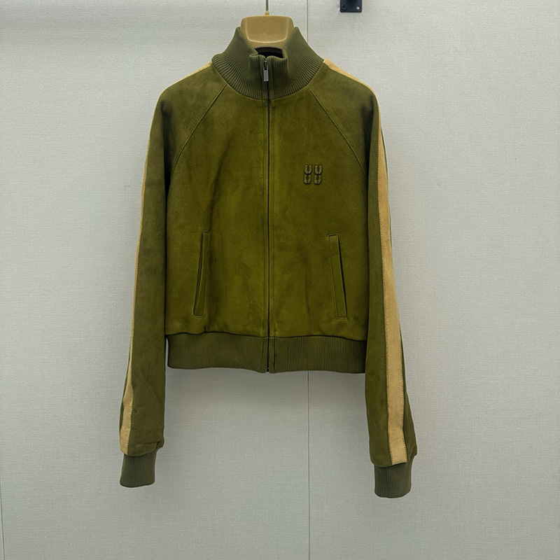 Women Olive Suede Jacket Letter Stand Collar Zip Jacket Ruffle Hem Midi Skirt Retro Sporty Jacket Party Skirt for Women