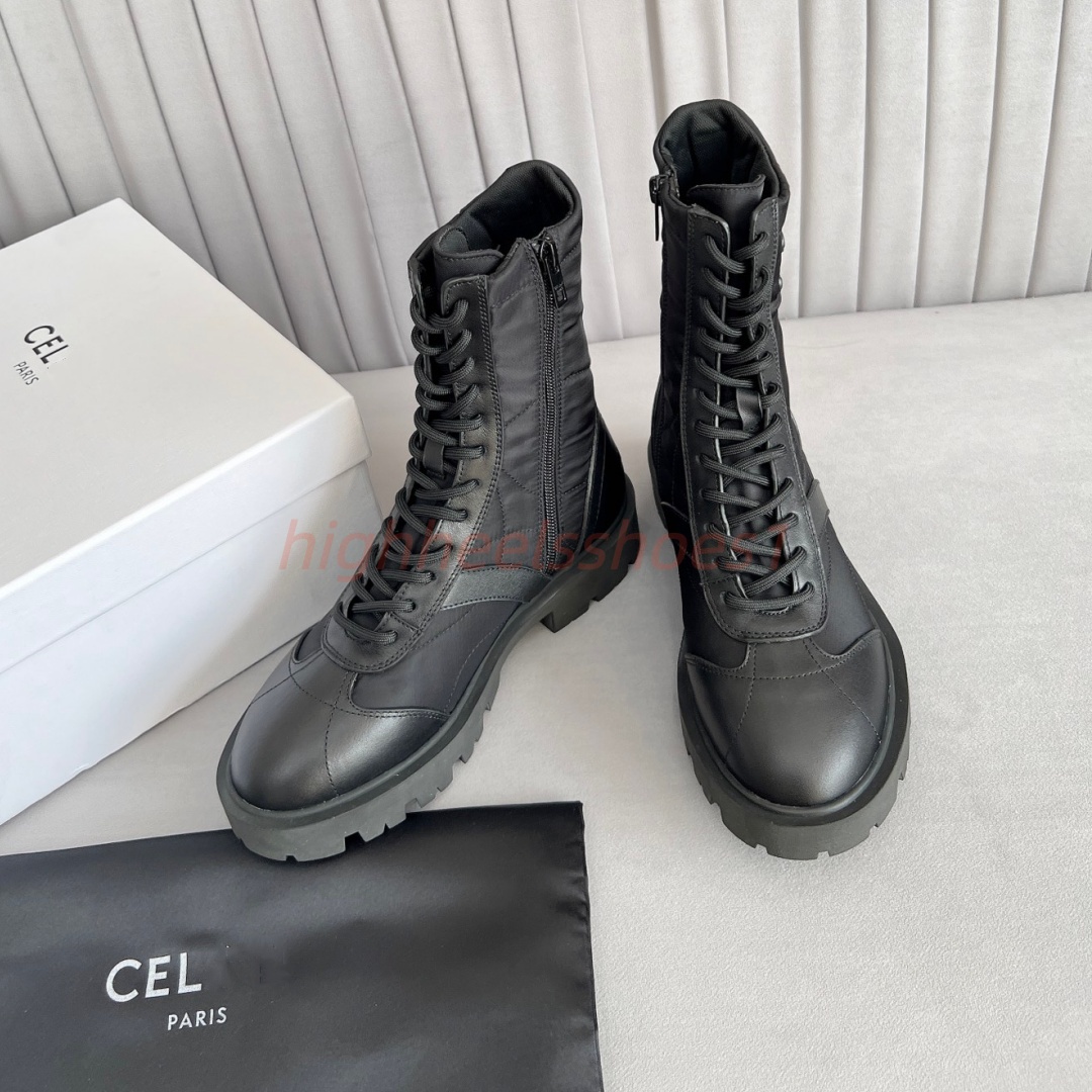 Luxury Designer Combat Boots Women Genuine Leather Nylon Patchwork Mid Calf Moto Boot Raised Pattern Platform Lace Up Side Zipper Motorcycle Booties