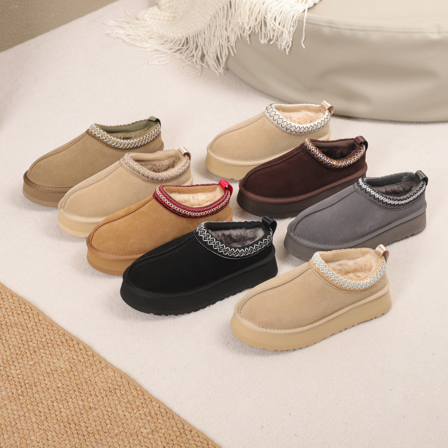 2026 Tribal Cozy Series Women Winter Ankle Snow Boots, Faux Suede Fur Lined Slip On Booties, Ethnic Embroidery Thick Platform Warm Casual Shoes
