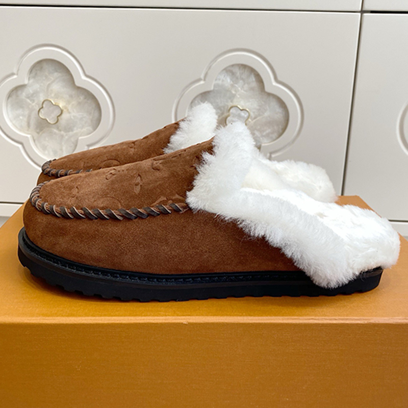 Womens Haven Flat Open Back Mules Designers Suede Calf Leather Shearling Lining Ladies Boken Shoe Luxury Artisanal Stitching Upper Slip On Slides TP