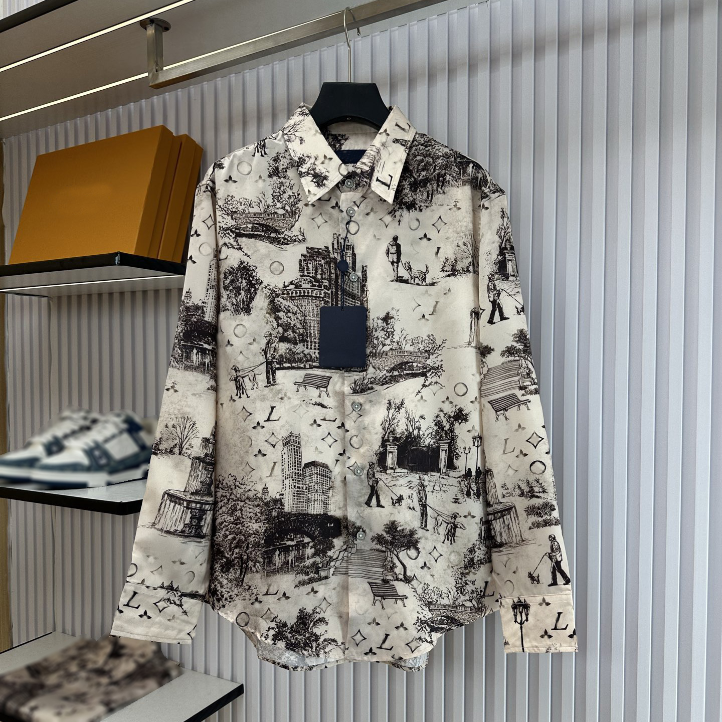 Designer brand clothing, high-quality men's ink wash style sketch printed shirt, loose collared long sleeved shirt, thin hanging vacation style