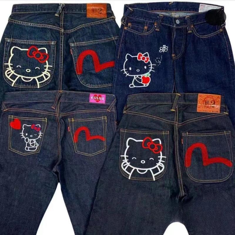 Designer de haute qualité jeunesse dessin animé impression large jambe jean 2023 automne décontracté jambe droite denim pantalon streetwear hip h