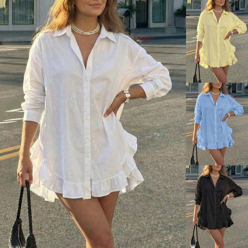 Abito a camicia da donna con colletto a maniche lunghe abbottonato con volant sull'orlo arricciato Abito a tunica ampio oversize fluido e casual con