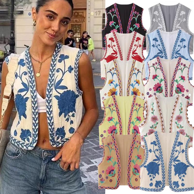 Gilet ouvert brodé de créateur pour femmes, gilet ample sans manches à col en V, gilet superposé décontracté de style urbain pour l'automne
