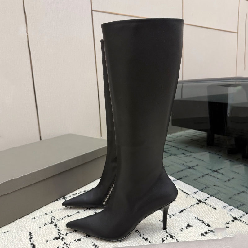 Ladies Zipper Boots Womens Calfskin Pointed Tip Boot Designer Stiletto Heel Runway Boots Elastic Sheepskin Luxury Brand Casual Boot Leather Outsole