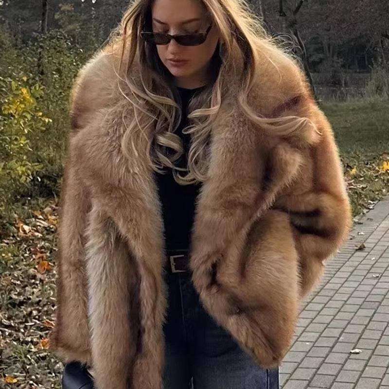 Manteau en fausse fourrure de renard pour femme, mi-long, chaud, bloc de couleurs, Streetwear, vêtements d'extérieur d'hiver, veste à la mode pou