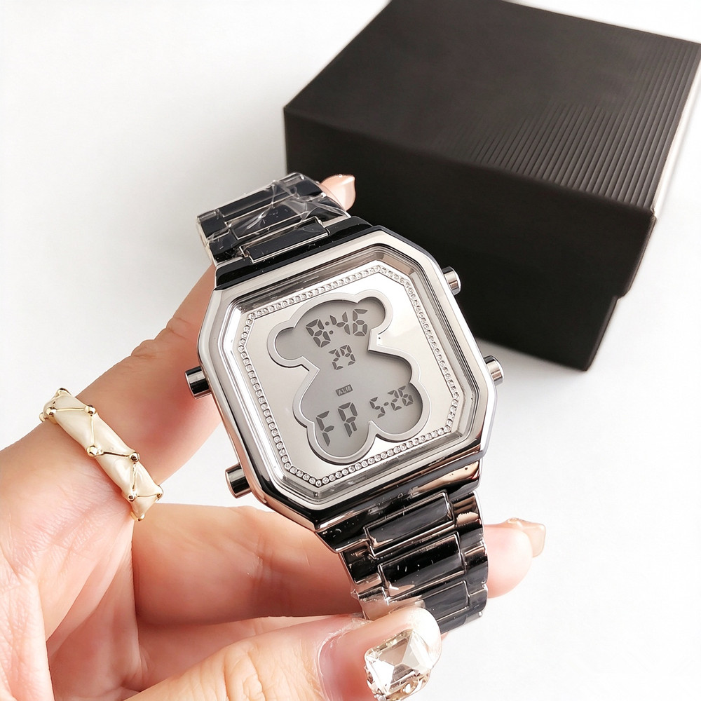 Fashion Women Men Simple Silver Rose Gold Black Stainless Steel Span Cartoon Animal Bear White Crystal Clasp Chain Square Zircon Electronic Watch Br