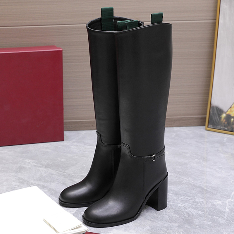 Womens Boot With Slim Horsebit Designers Smooth Leather Chunky Block Heel Round Toe Riding Boots Luxury Silver Toned Hardware Web Pull Tab Knight Bo