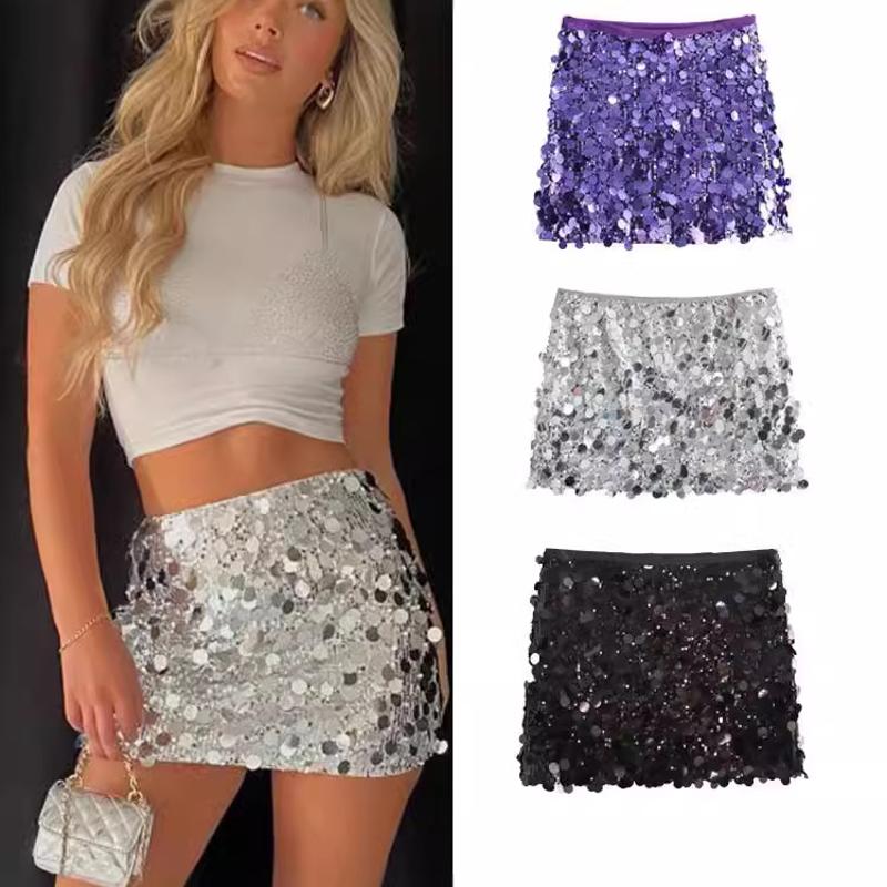 Mini jupe à paillettes pour femmes, taille haute, moulante, ligne a, tenue de soirée, Clubwear, Sexy, Streetwear, couleur unie, argent, noir, été
