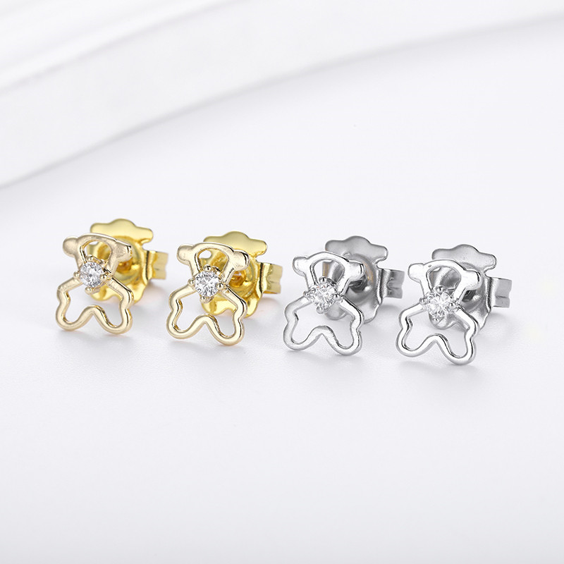 Fashion Women Silver Gold Stainless Steel White Copper Span Bear Cartoon Animal Span Color Zircon Letter Chain Pendant Necklace Earrings Sets Jewelr