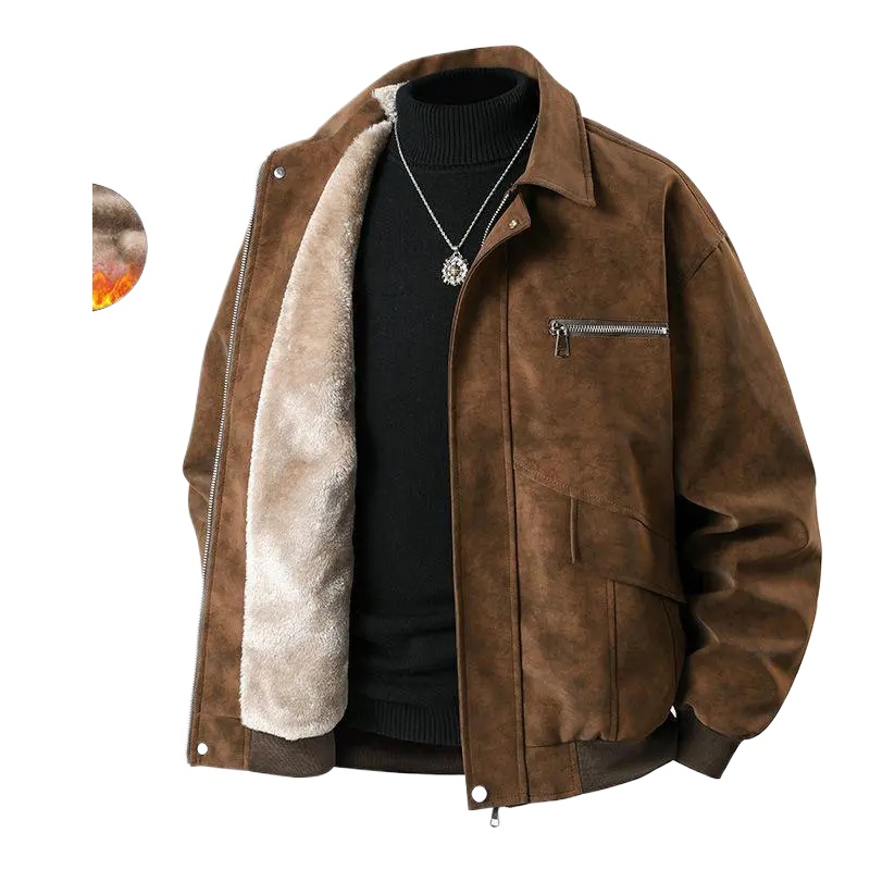 Men Faux Suede Jacket Lamb Fleece Lined Warm Turn Down Collar Coat Casual Thick Winter Outerwear