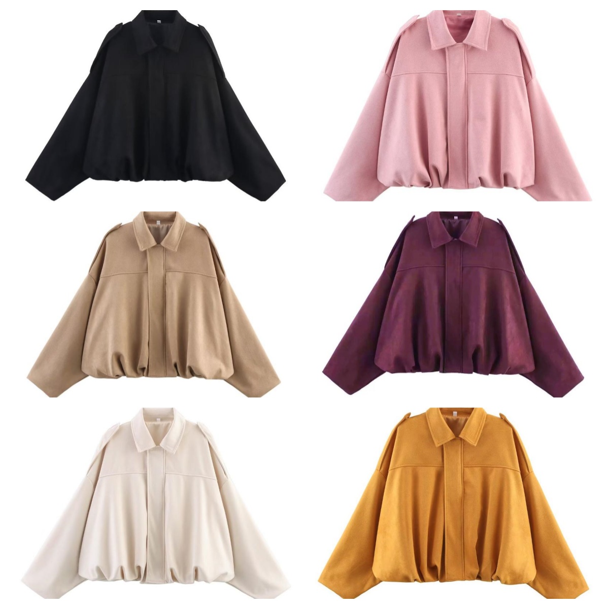 Women Retro Streetwear Cropped Outer Coat Faux Suede Fabric Lapel Collar Epaulets Hidden Zipper Front Elastic Gathered Hem Jacket