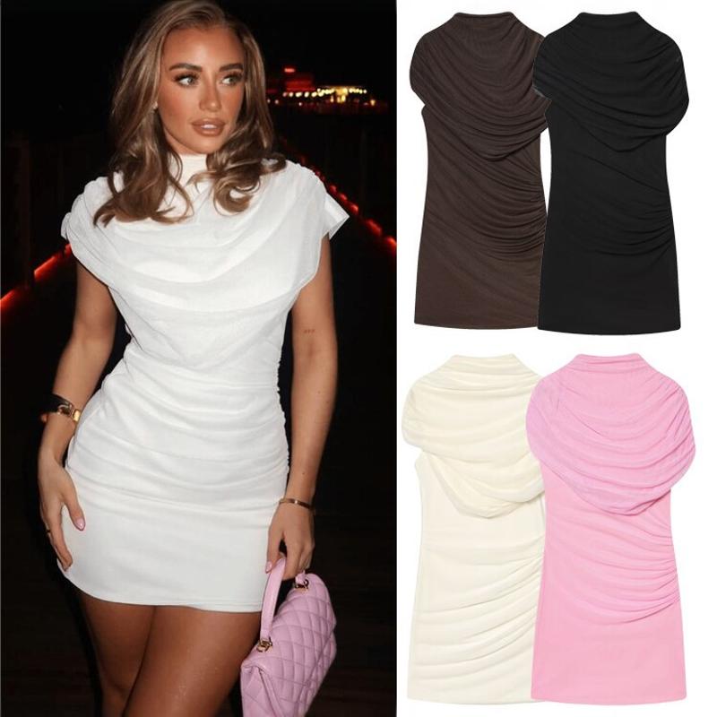 Robe courte froncée moulante à manches courtes pour femmes, couleur unie, col montant, coupe cintrée, décontractée, fête, Streetwear