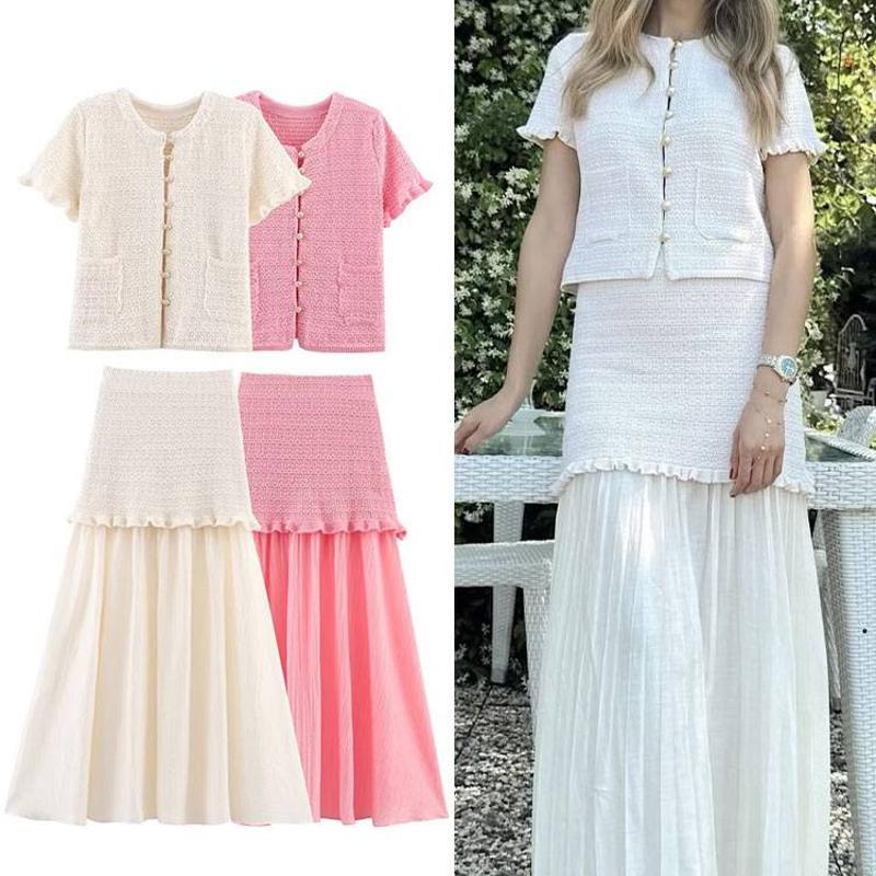 Ensemble haut en tricot uni et jupe Midi pour femmes, manches courtes, Streetwear décontracté, tenue deux pièces d'été S M L