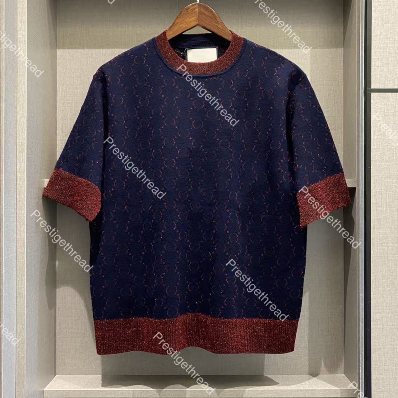 Navy blue and wine red letter all-over print short-sleeve knitted top, designer high-quality round neck color-blocking Women's Knits & Tees for