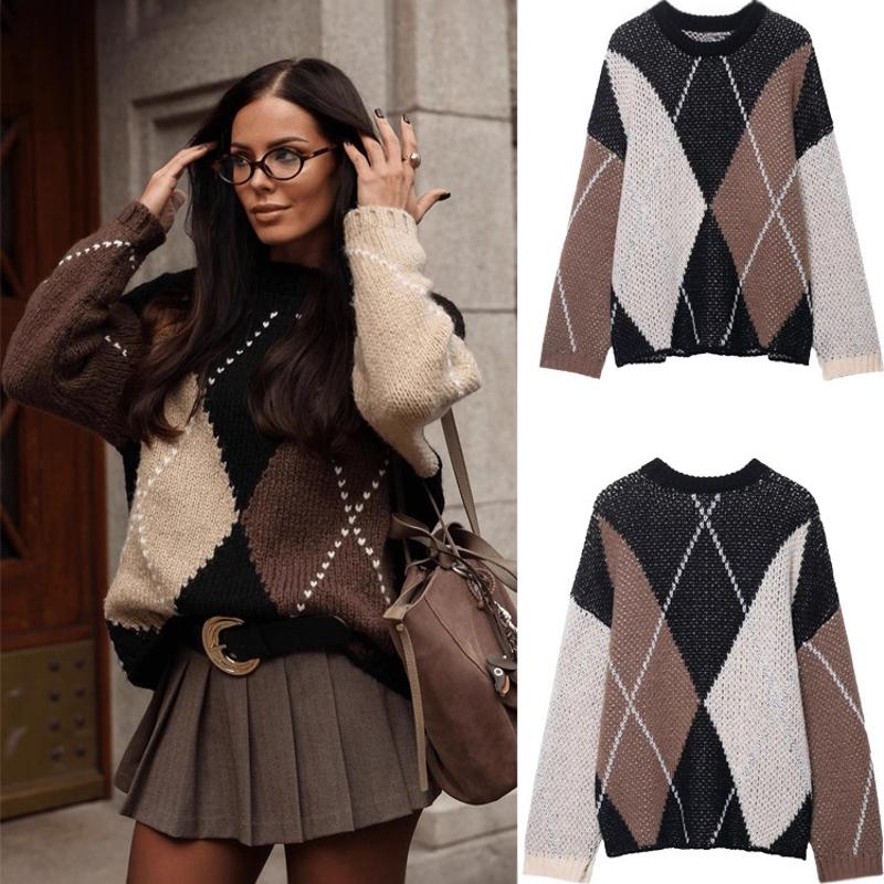 Pull Vintage en tricot Argyle pour femmes, col rond, manches longues, ample, décontracté, fin, haut, Streetwear, automne