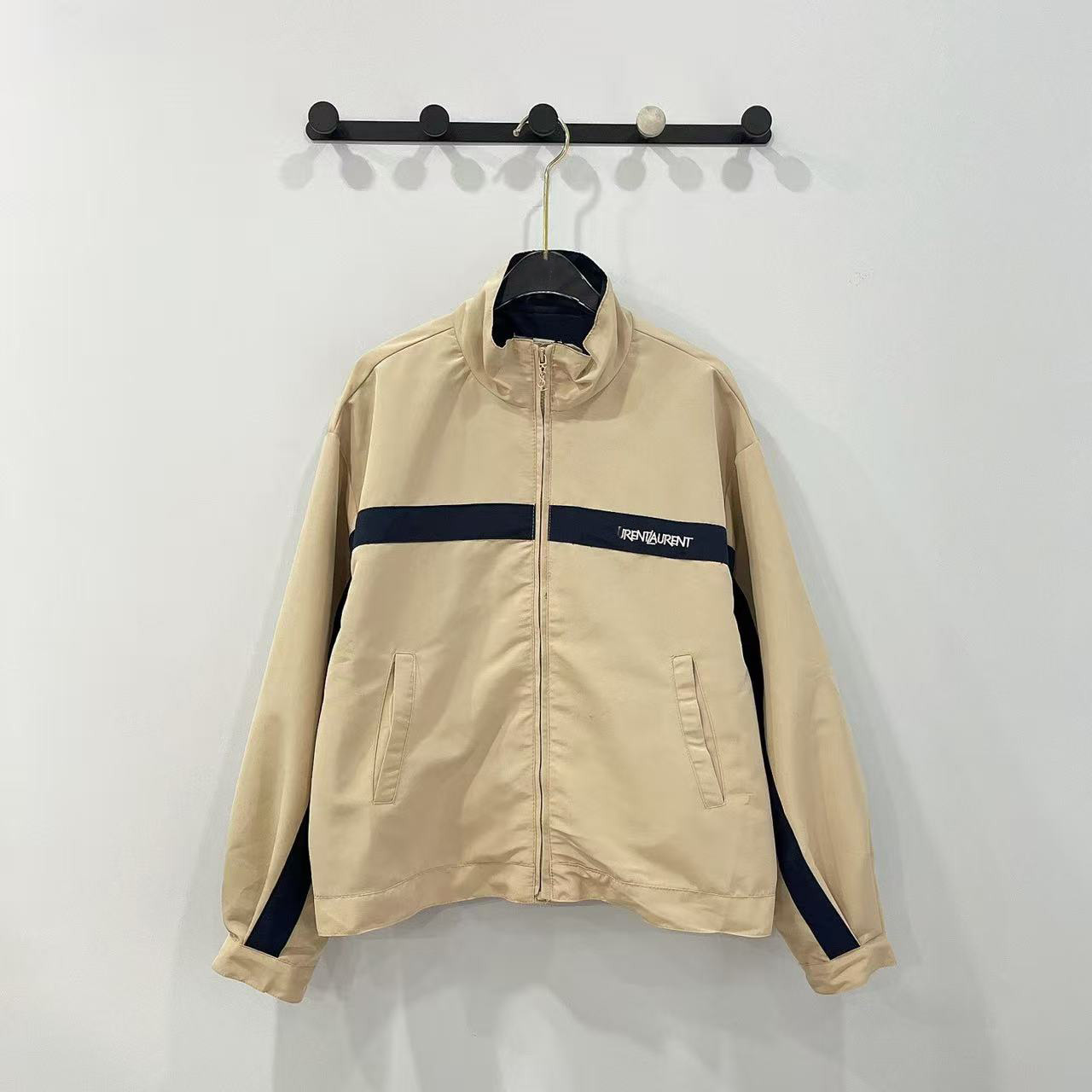 Luxury Mens Beige Track Jacket Contrast Navy Stripe Stand Collar Casual Windbreaker (Size S M L XL)
