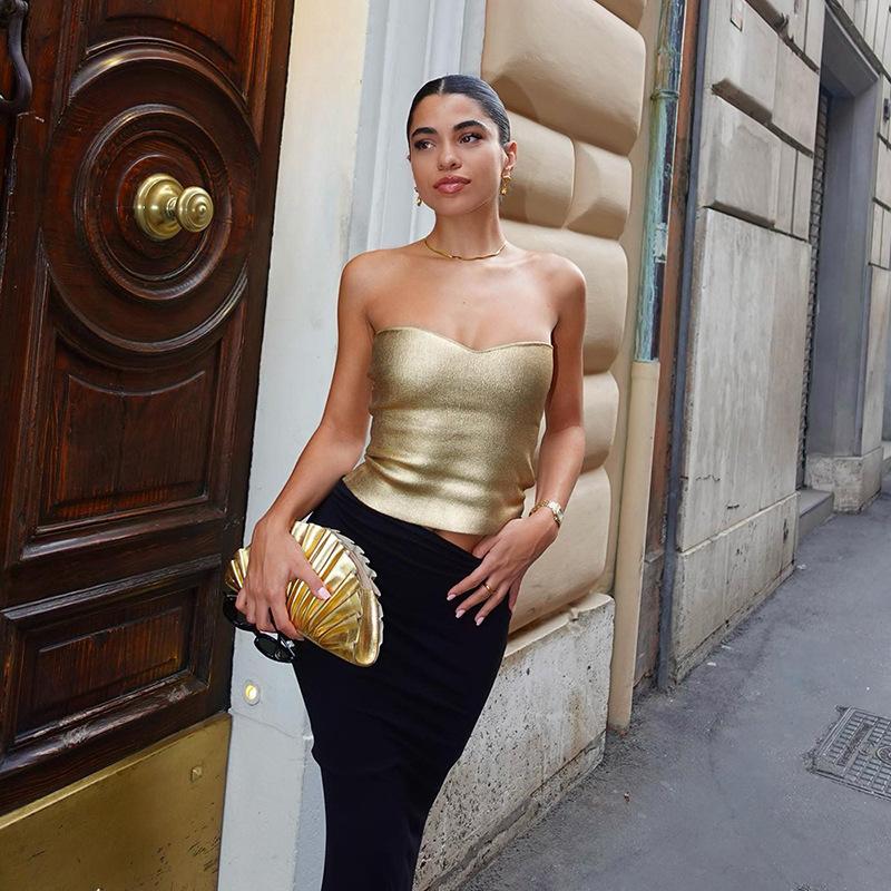 Haut court sans bretelles pour femmes, haut tubulaire sans manches, feuille d'or, coupe cintrée, Streetwear décontracté, Clubwear toutes saisons