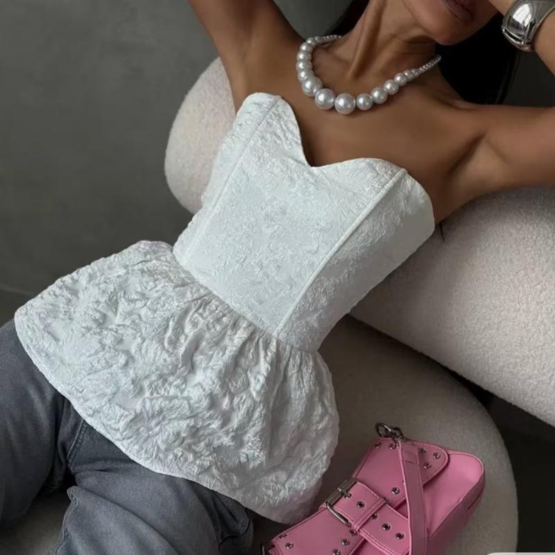 Designer Jacquard Tube Top Strapless Backless Heart Neck Ruffle Hem Slim Fit Crop Top Solid Color Sexy Clubwear For Women