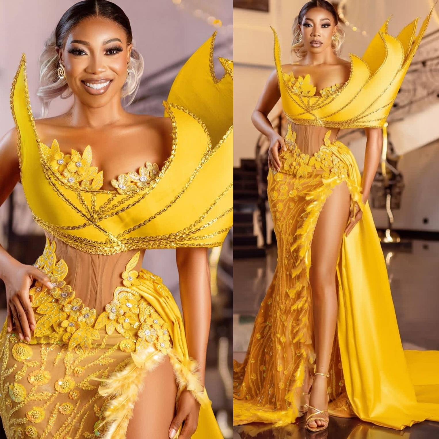 Aso Ebi Mermaid Yellow Prom Dress 2026 Flowers Feather High Split Satin Evening Dresses Birthday Formal Party Reception Second Long Dinner Dress Gow