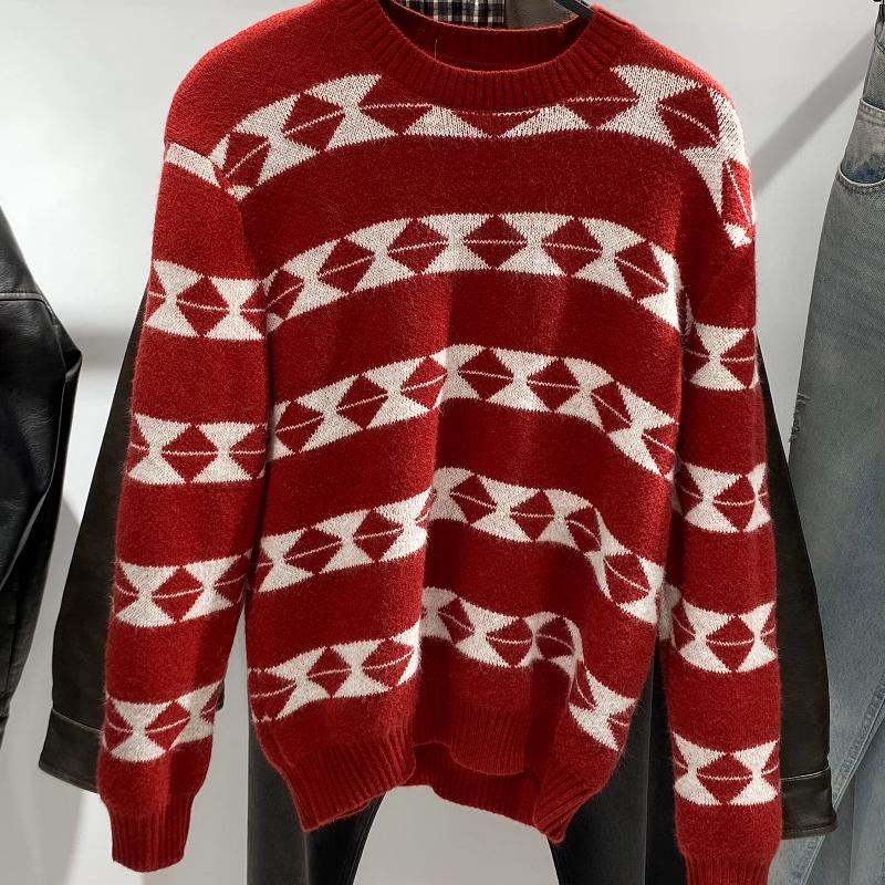 Hommes Designer Vintage Géométrique Jacquard Lâche Pull En Tricot Col rond Manches Longues Épais Pull Automne Haut Décontracté