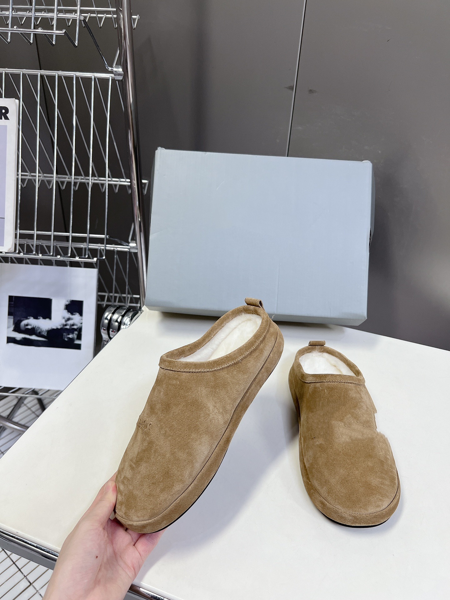 Women's Suede Mule Slippers Plush Faux Fur Lined Slide Sandals with Logo Detail Natural Rubber Sole Winter Footwear
