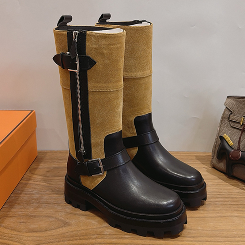 Womens Calfskin Nirvana Boots Luxury Suede Goatskin Shearling Side Zipper Biker Boots Designers Stainless Steel Buckle Notched Rubber Sole Half Boot
