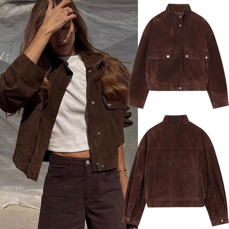 Blouson aviateur en faux daim pour femme, col montant, poches zippées, coupe ample, Streetwear d'automne marron, vêtements d'extérieur décontract
