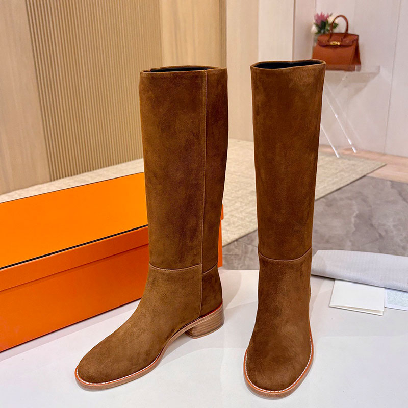 Ladies Lasso 40 Boots Womens Thigh High Boot H252081 Designer Suede Round Head Boots Sheepskin Lining Low Heel Knight Boots Leather Outsole Sizes 35