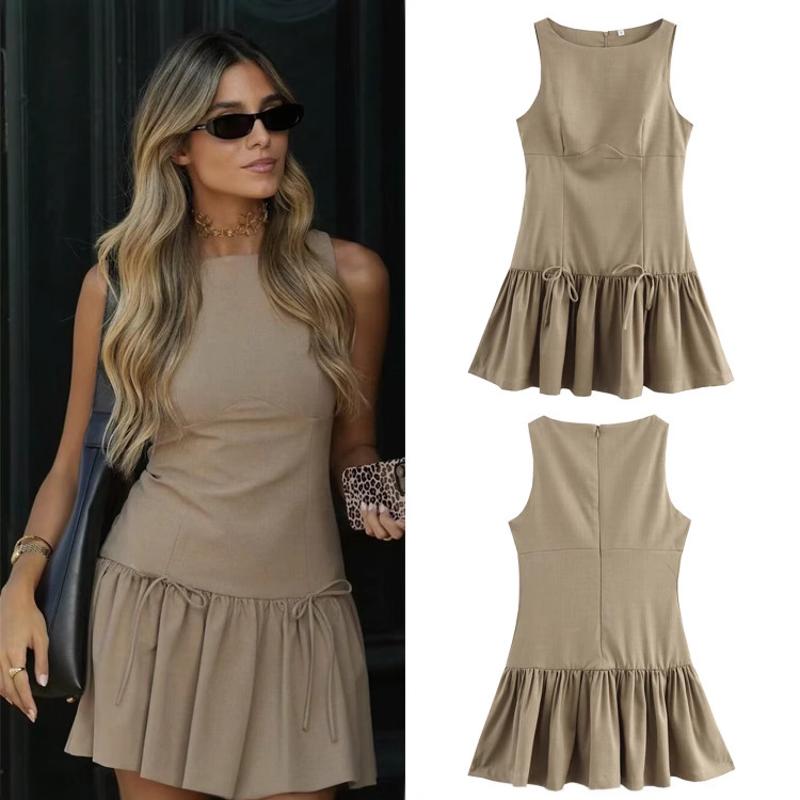 Robe courte sans manches pour femmes, couleur unie, garniture avec nœud, taille haute, col rond, Mini robe de fête de vacances, été 2026