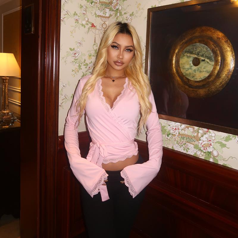 Women's Autumn Sexy V-Neck Lace Trim Tie Front Long Sleeve Slim Fit Solid Color T-Shirt Casual Party Streetwear Top