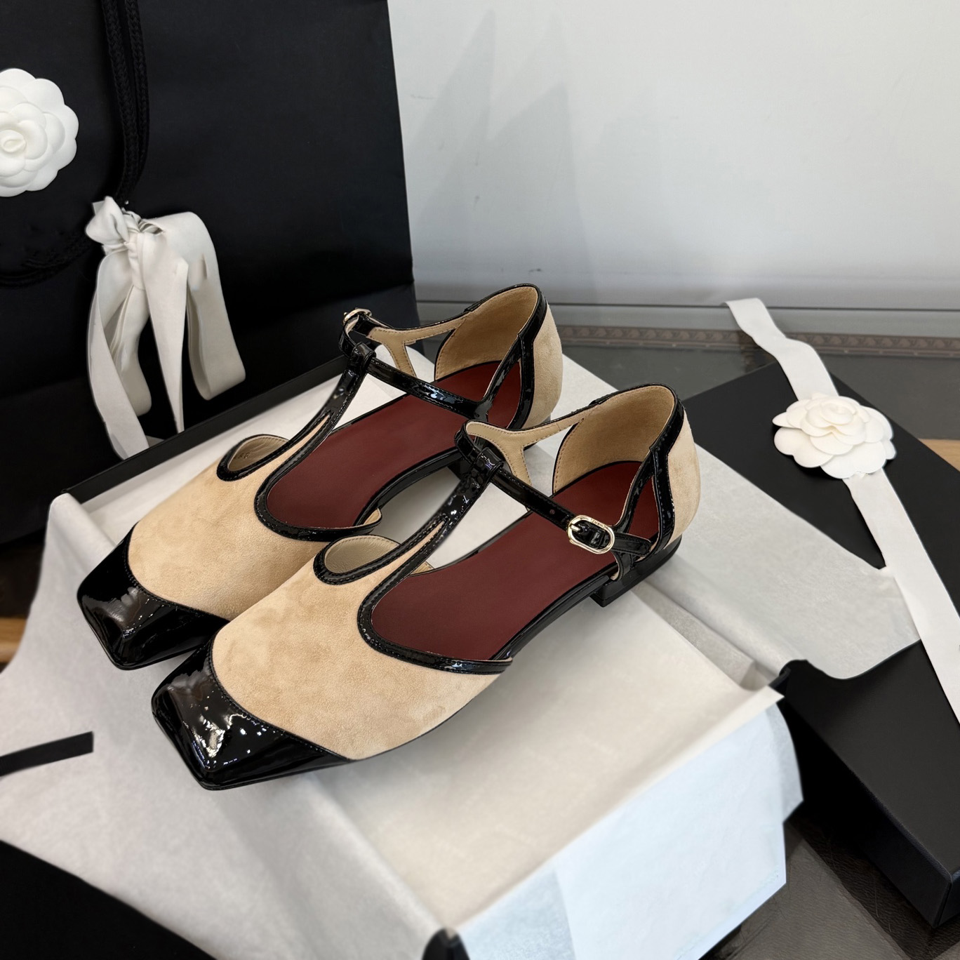 Designer T Strap Mary Jane Flats Women, Square Toe Contrast Color, Suede & Patent Leather, Adjustable Buckle, Elegant Hollow Out Shoes for Daily Dat
