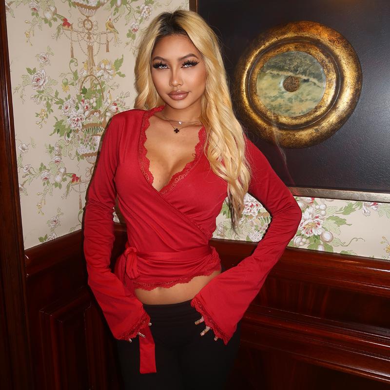 Designer Women's Autumn Sexy V-Neck Lace Trim Tie Front Long Sleeve Slim Fit Solid Color T-Shirt Casual Party Streetwear Top