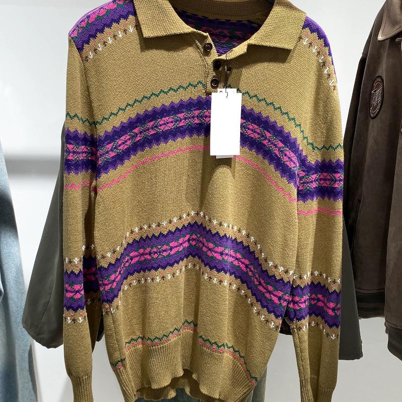 Polo de styliste en coton tricoté Jacquard pour hommes, pull rayé vert Olive à manches longues, ample, décontracté, automne