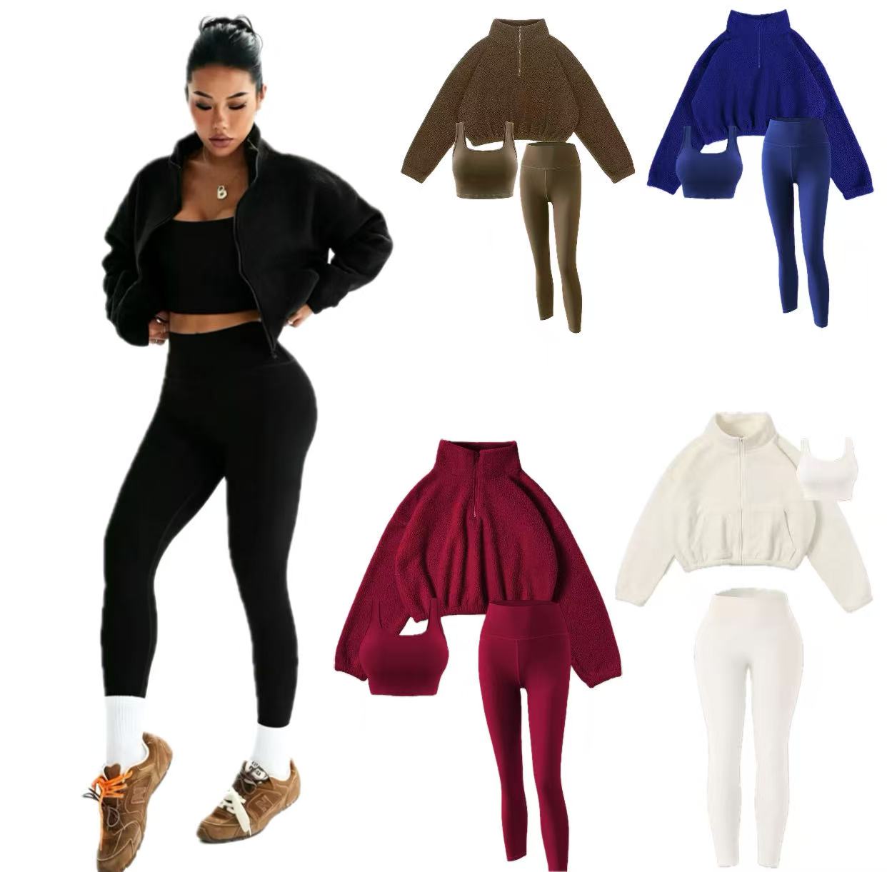 Winter Yoga gym set womens Plush Hoodie quarter zip jacket Outdoor Leisure sports bra Three Piece Set ensemble tank top leggings sweater workout set