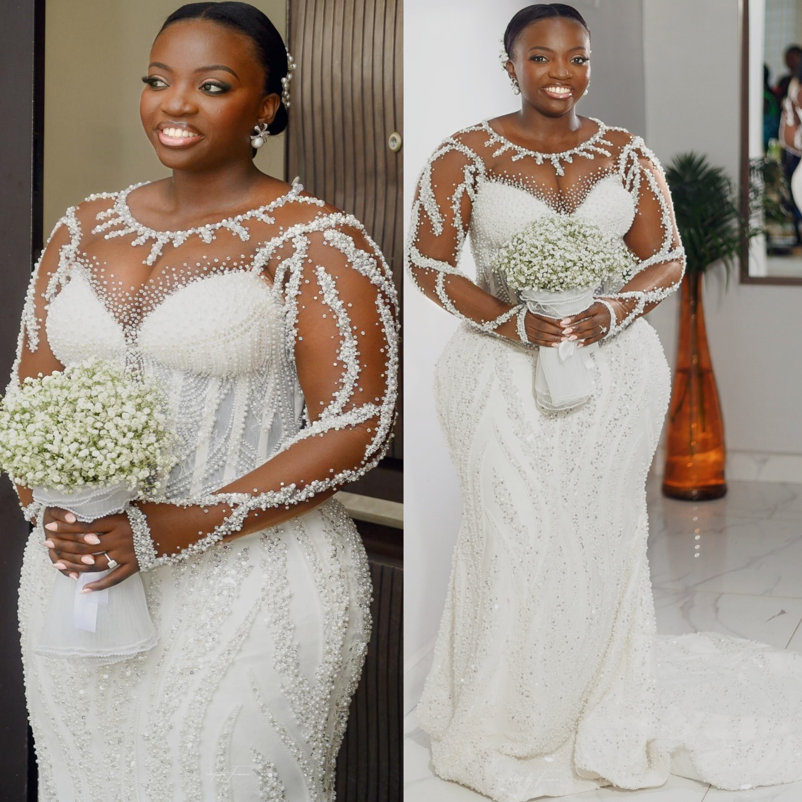 Chic Vintage-Inspired Ivory Mermaid Wedding Dresses Sheer Neck Pearls Beaded Full Sleeves Sequined Elegant Vintage Charming Bridal Gowns Dress ZK346