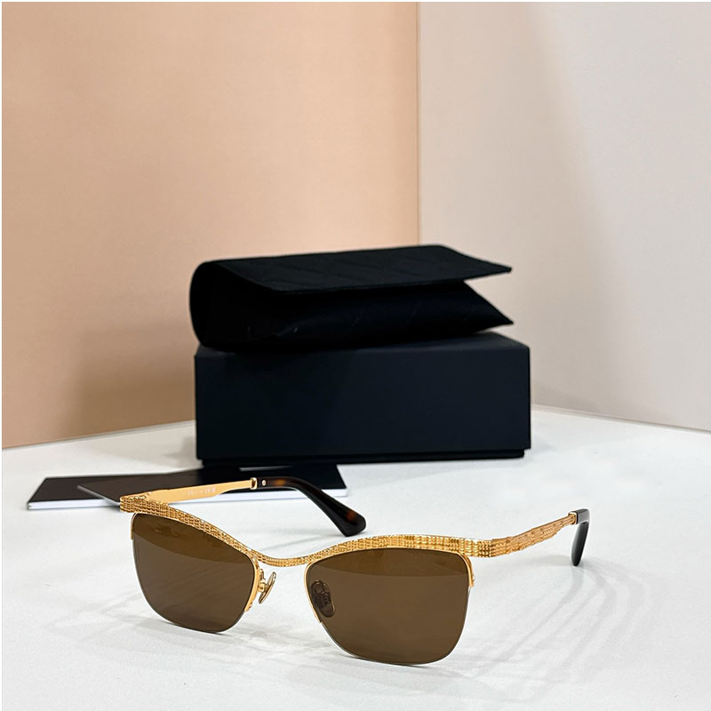 5655 BRAND LURUXY CAT EYE SUNGLASSES Female designer brown lenses Golden metal half frame structure Autumn UVA protection Women Party Style Lady bea