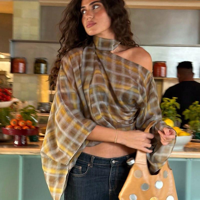 Designer femmes Plaid écharpe col pull chemise coupe ample Streetwear haut automne automne tenue décontracté