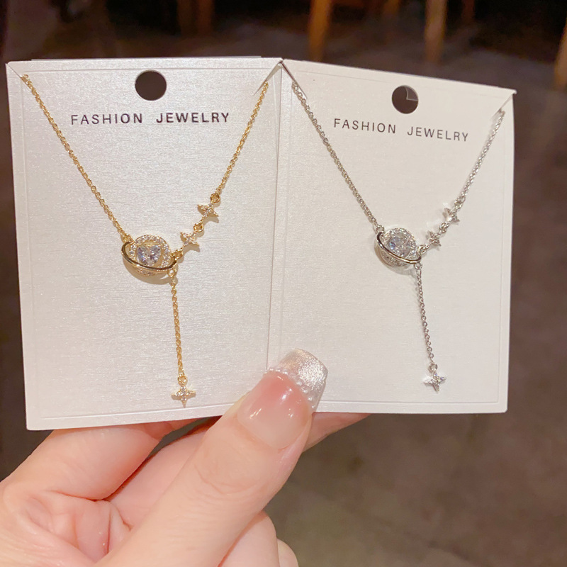 light luxury full of diamonds planet and star tassel necklace super sparkling clavicle chain
