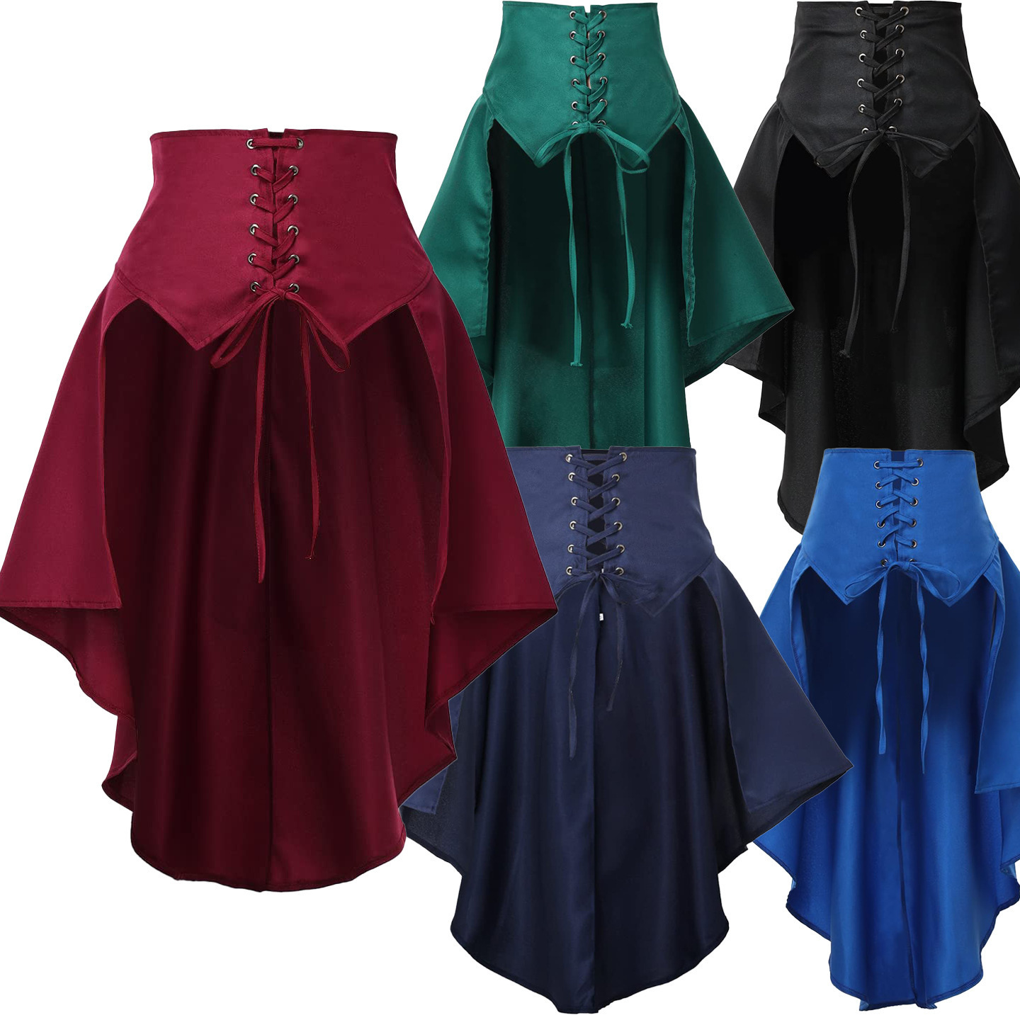 Womens Gothic Steampunk Satiny Pirate Skirt Front Lace-up Tiered Ruffled Irregular Hem Skirt Waist Belt Vintage Medieval Costume 260424