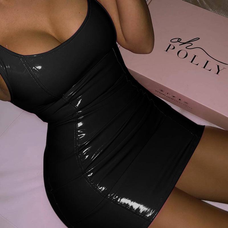Mini robe moulante en cuir PU pour femmes, couleur unie, sans manches, col en U, taille haute, Sexy, fête, Club, Streetwear, été