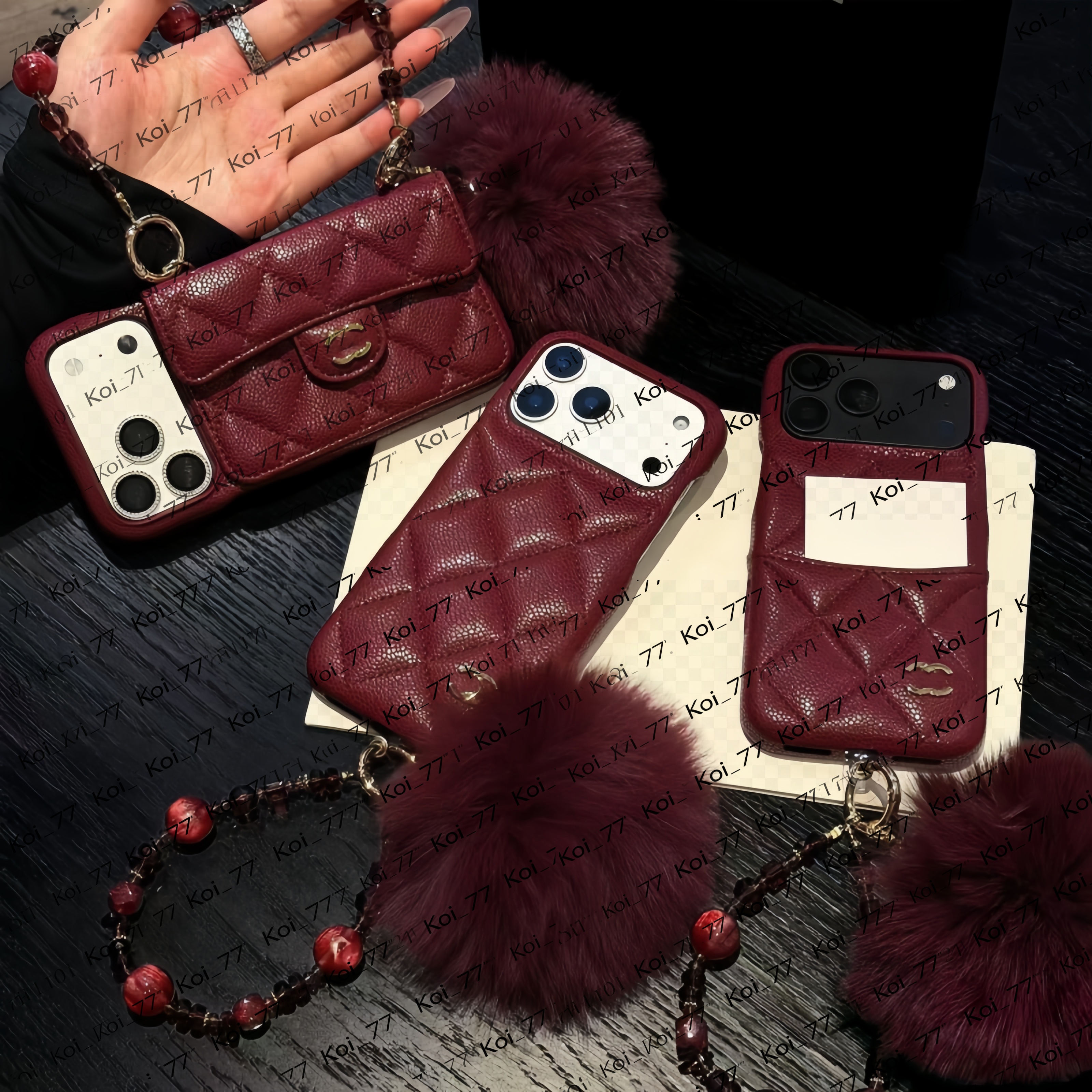 Burgundy full range iphone18 pro max case designer bag women phone case for iphone 17promax 16pro Fluffy ball decorative pendant Luxury Chain Card H