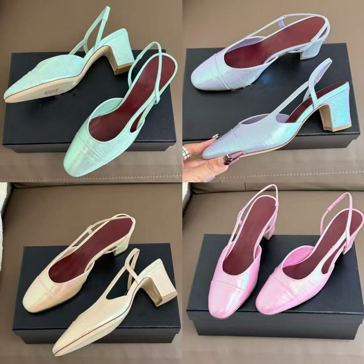 New designer Slingback Sandals Classic High Quity Leather sole 7cm Womens wedding dress shoes summer thick heels round head slides 100% cowhide larg