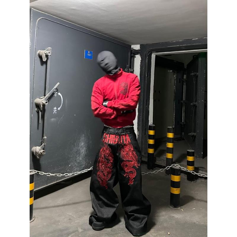Designer High Quality Japanese Harajuku Baggy Jeans Teens Loose Fit Mid Waist Black Denim Pants Multi Pocket Casual Unisex Streetwear S-3XL